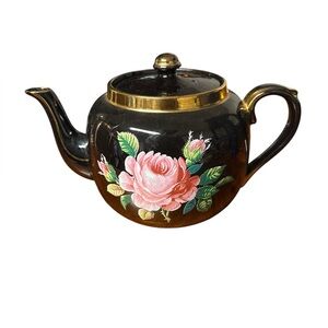Vintage‎ Gibsons England Black Gold Rose Teapot Floral Staffordshire English